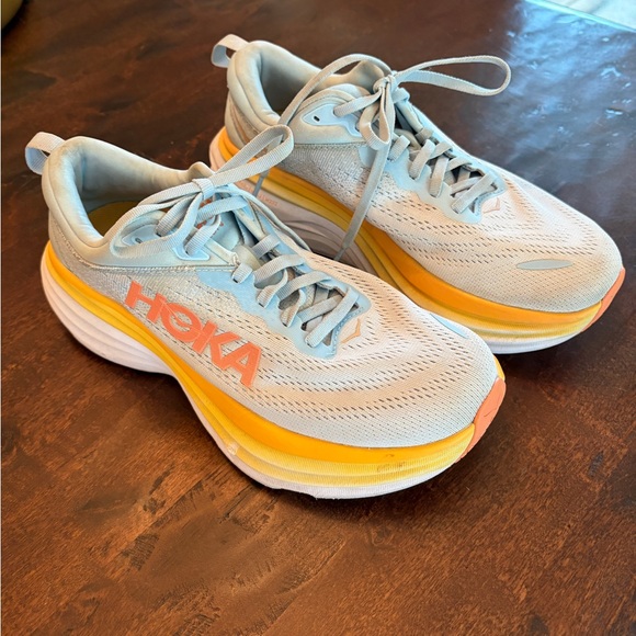 Hoka Shoes - Hoka Bondi 8 size 8.5 WIDE-Light Gray with Yellow Midsole and Coral Accents